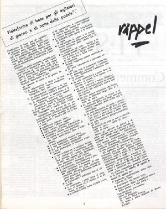 PIATTAFORMA DI BASE PER GLI AGITATORI DI GIORNO E DI NOTTE DELLA POESIA « : ». Cahier préparatoire à l’assemblée générale du 29 au 31 août 1970 des « : »